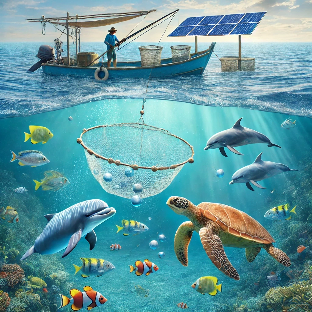 해양 생물 보호를 위한 친환경 어업 도구를 설명하는 이미지