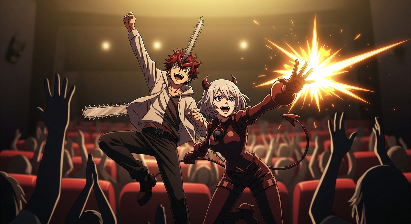 2025년 300만 관객을 돌파하며 흥행 돌풍을 일으킨 '체인소 맨: 레제편'의 역동적인 포스터 이미지, 덴지와 레제가 폭발적인 액션을 선보이는 모습.