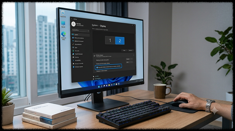 Windows 11에서 모니터 연결을 기준으로 창 위치 기억 기능을 켜는 모습