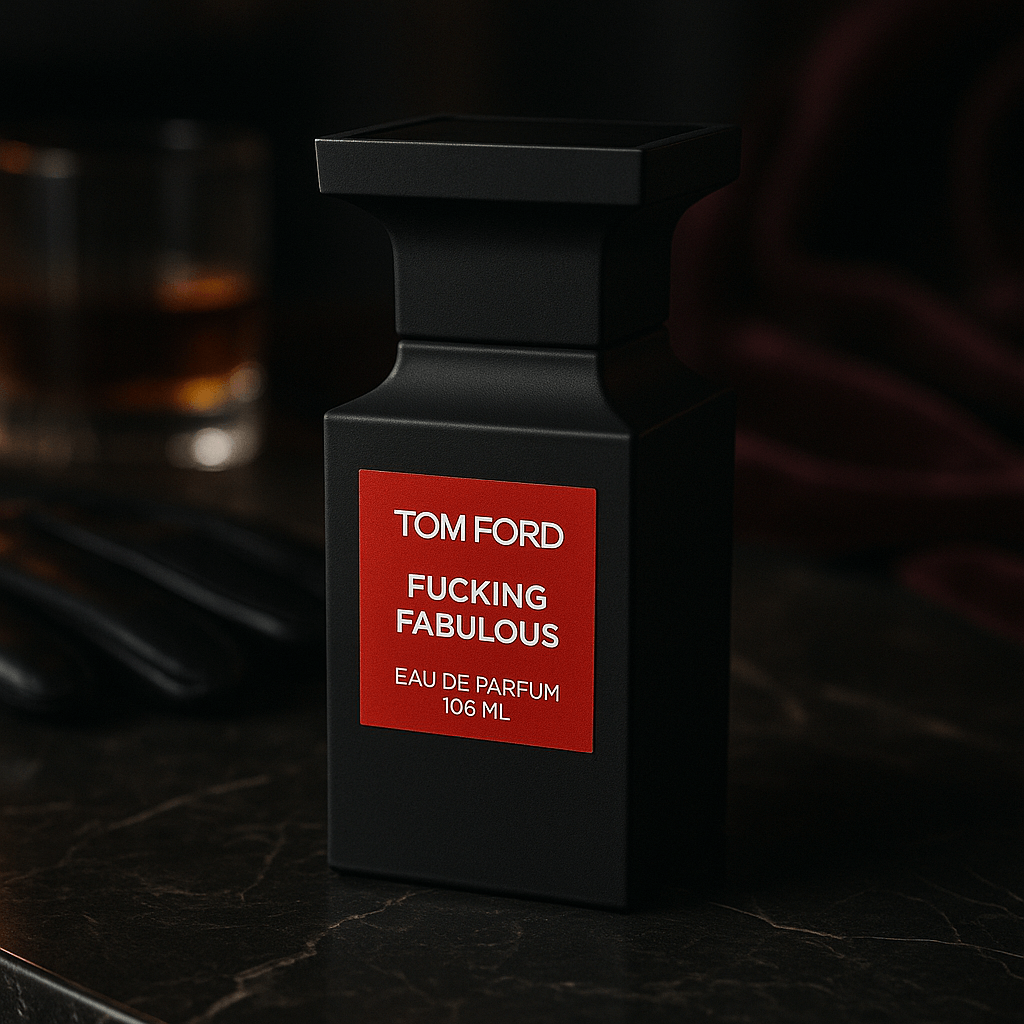 매트한 블랙 보틀과 강렬한 붉은 라벨이 돋보이는 톰 포드 &lsquo;Fucking Fabulous&rsquo; 향수. 어두운 대리석 위에 놓여 있으며, 배경에는 가죽 장갑, 위스키 잔, 벨벳 천이 흐릿하게 보인다. 부드러운 조명과 럭셔리한 소품들이 어우러져 세련되고 관능적인 분위기를 연출한다.