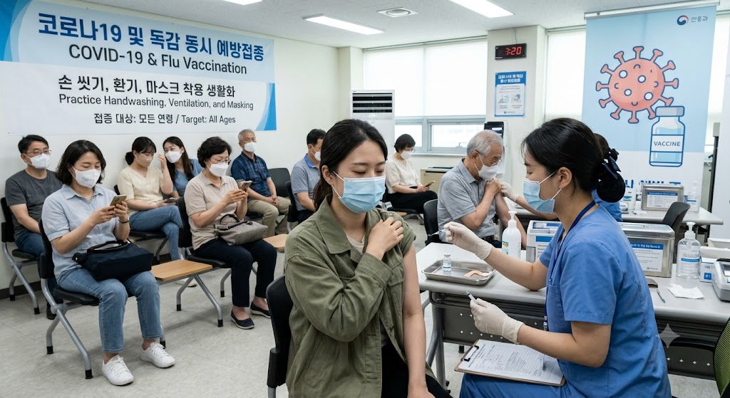 코로나와 독감 예방접종을 하기위해 마스크 쓴 사람들이 기다리고 있고, 몇명 사람들은 예방접종 중인 이미지