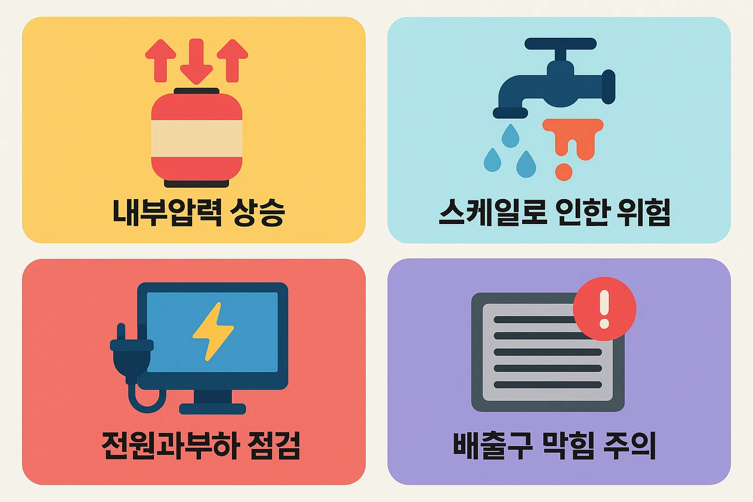 가열식가습기에서 발생할 수 있는 내부 압력 상승, 스케일 축적, 전원 과부하, 배출구 막힘 등 폭발 관련 주요 위험 요소를 단계별로 시각화한 안전 점검 인포그래픽