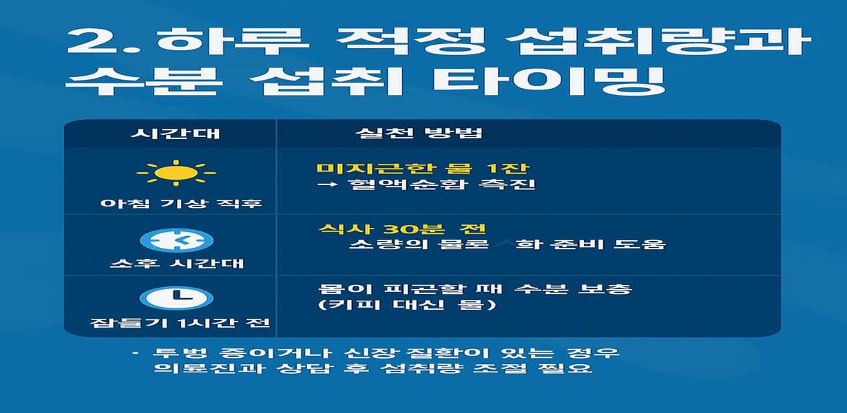 “하루 수분 섭취 타이밍과 방법을 정리한 고령자 대상 인포그래픽”