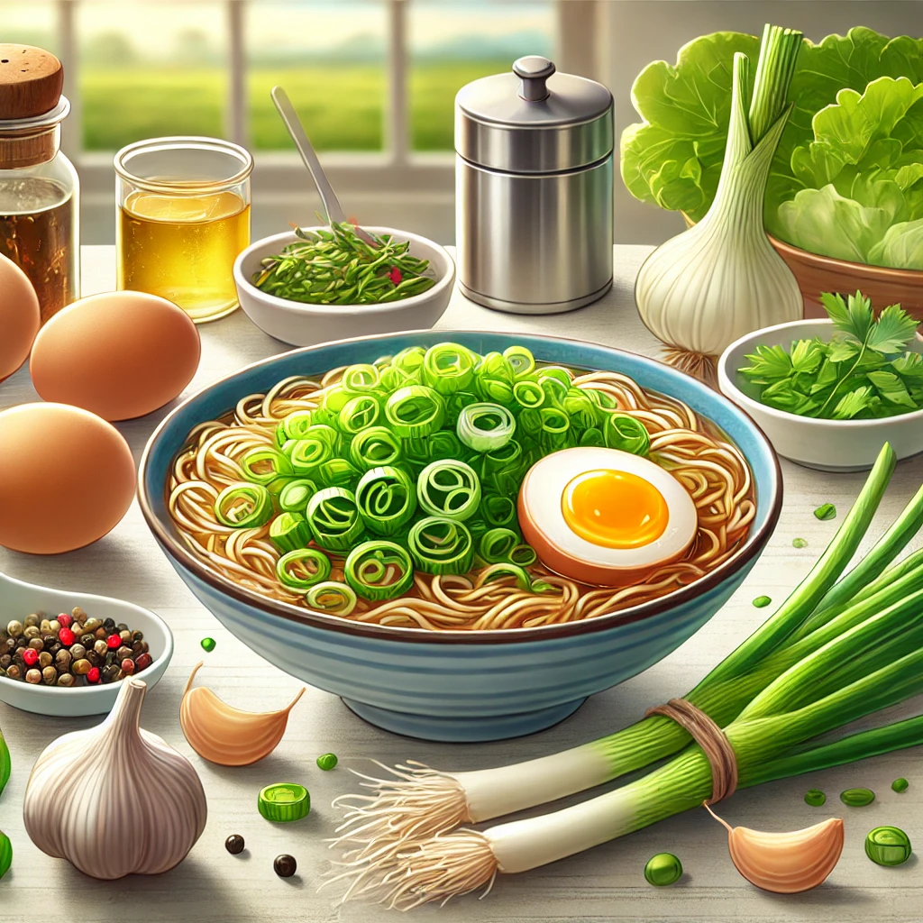 대파와 양파를 얹은 라면 한 그릇이 깨끗한 주방 조리대 위에 놓인 모습. 신선한 재료들이 함께 배치되어 따뜻하고 식욕을 돋우는 분위기