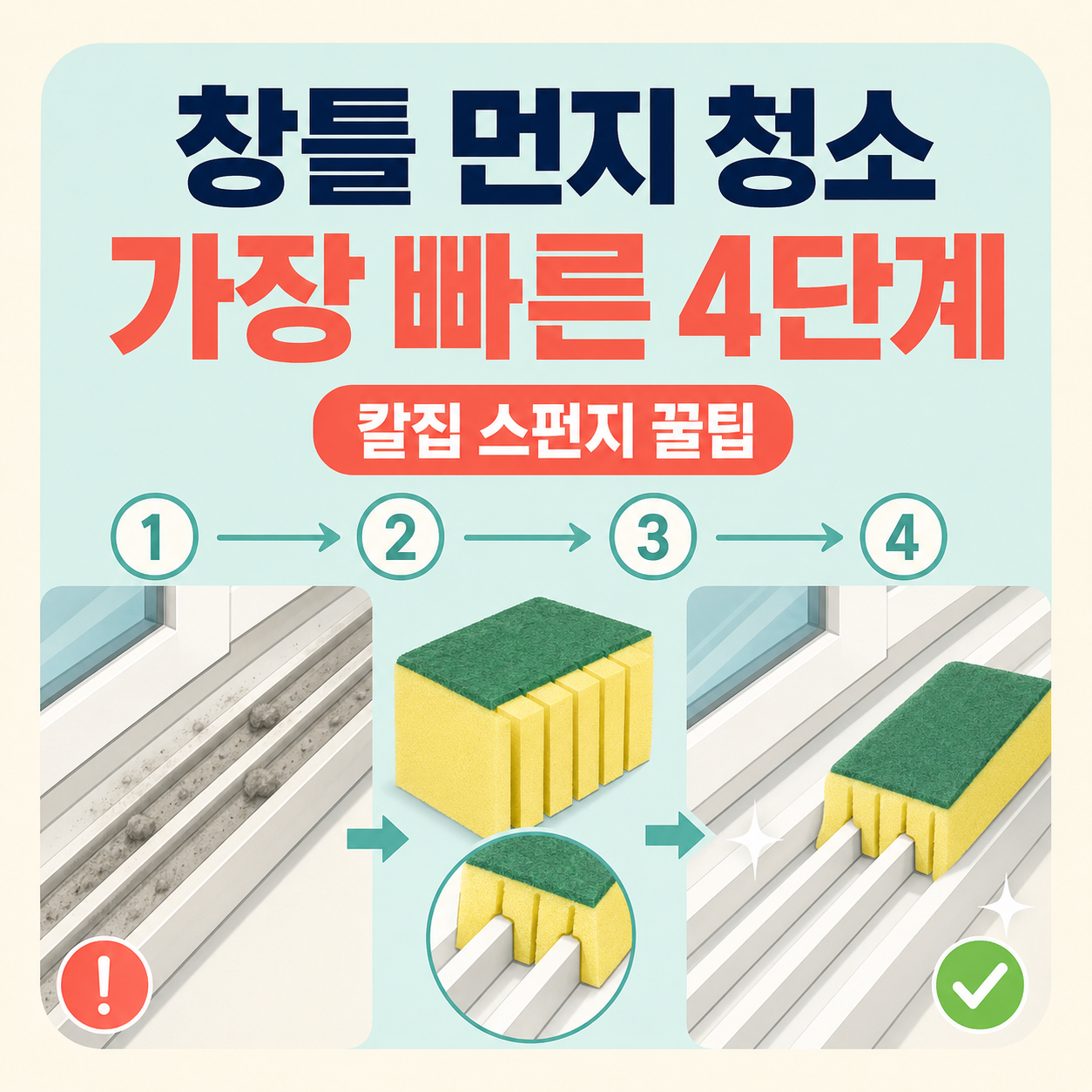 창틀에 쌓인 먼지를 가장 빠르게 청소하는 4단계 순서 (칼집 스펀지 꿀팁)