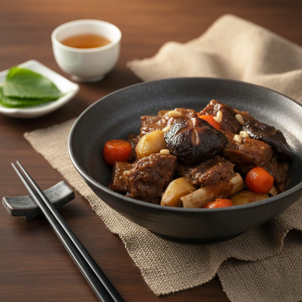 압력솥에서 푹 익어 윤기가 흐르는 소갈비찜과 동그랗게 깎은 무, 당근이 정갈하게 담긴 모습.