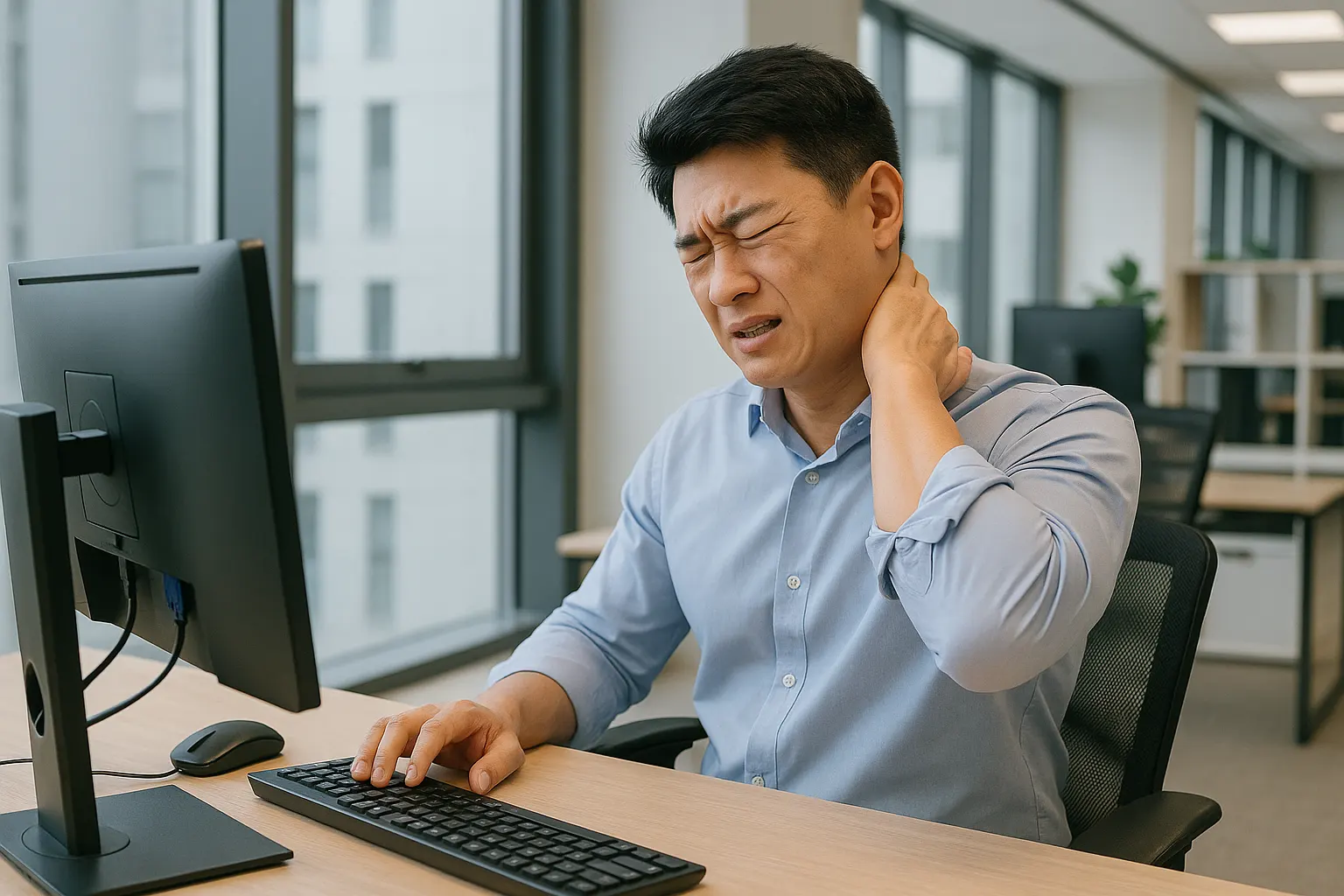 책상 앞에서 컴퓨터를 오래 사용하는 직장인, 목 뒤를 손으로 짚고 찡그린 표정의 사람, 현대 사무 환경 배경