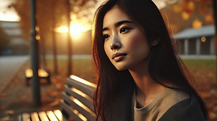 따뜻한 석양 아래 고요한 감정이 담긴 분위기 속 여성