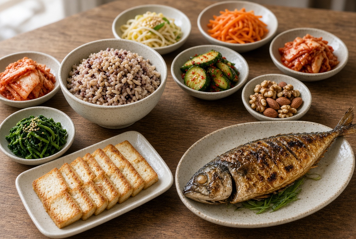 채소와 잡곡밥, 구운 생선, 두부, 소량의 견과류로 차린 균형 잡힌 한식 밥상