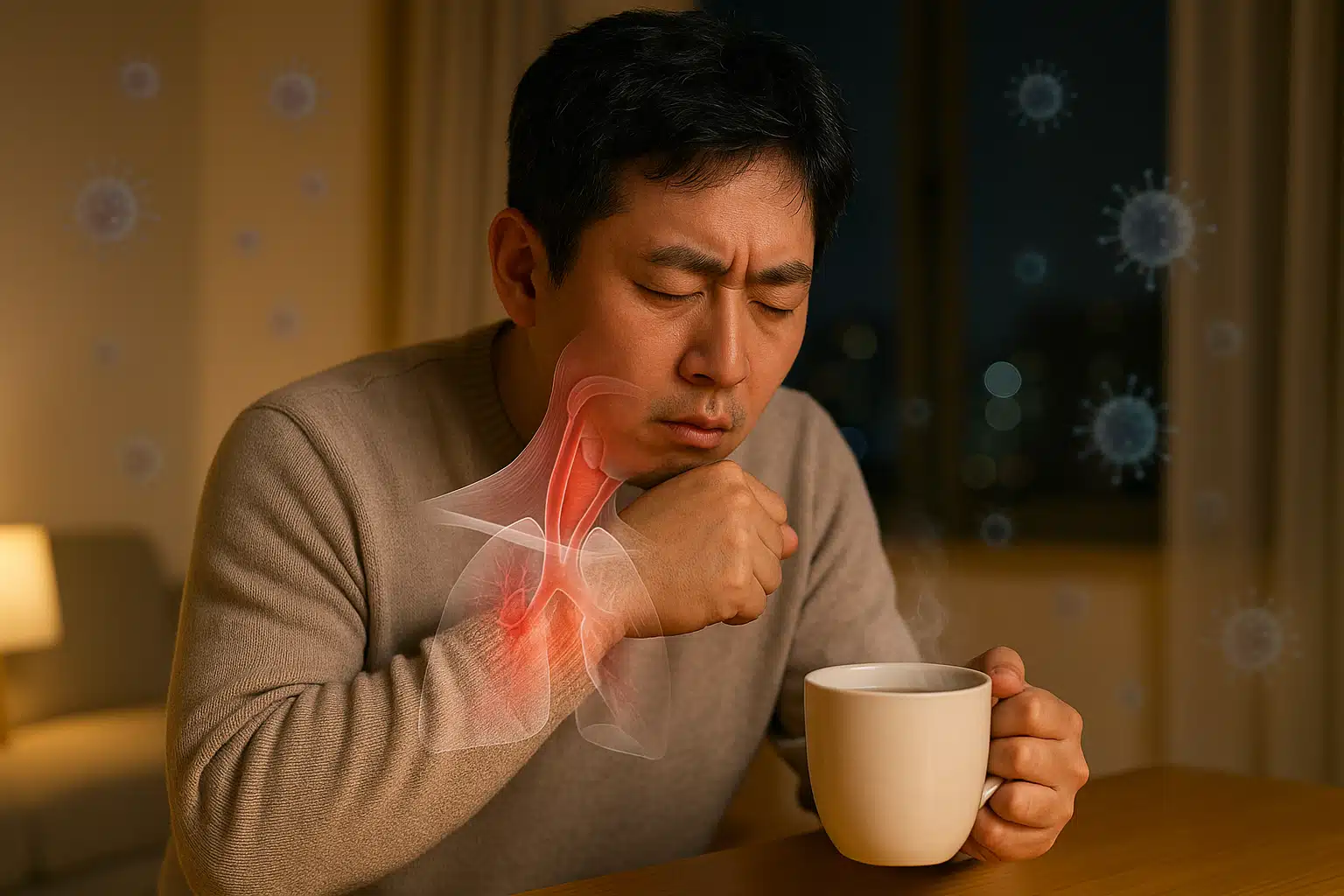 기침과 콧물을 흘리는 인물, 목 안쪽에 염증이 생긴 의학 단면도 오버레이, 따뜻한 차를 마시는 장면, 바이러스 입자가 공중에 떠 있는 표현