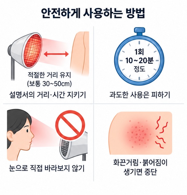 적외선 치료기 사용 시 거리와 시간, 피부 화상과 눈 노출 주의사항을 안내하는 이미지