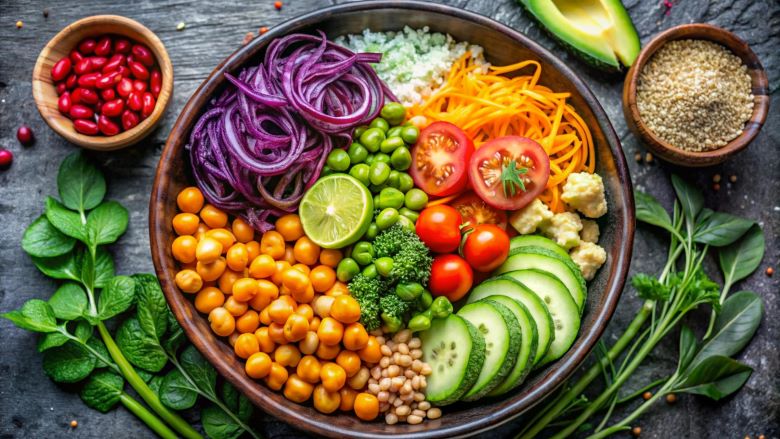 어두운 나무 그릇에 담긴 무지개 색깔 부처 볼 - 적양배추 면, 병아리콩, 완두콩, 방울토마토, 브로콜리, 당근채, 오이, 콜리플라워, 아보카도, 라임이 섹션별로 예쁘게 배치되고 주변에 견과류와 허브가 있는 비건 식단 via freepik