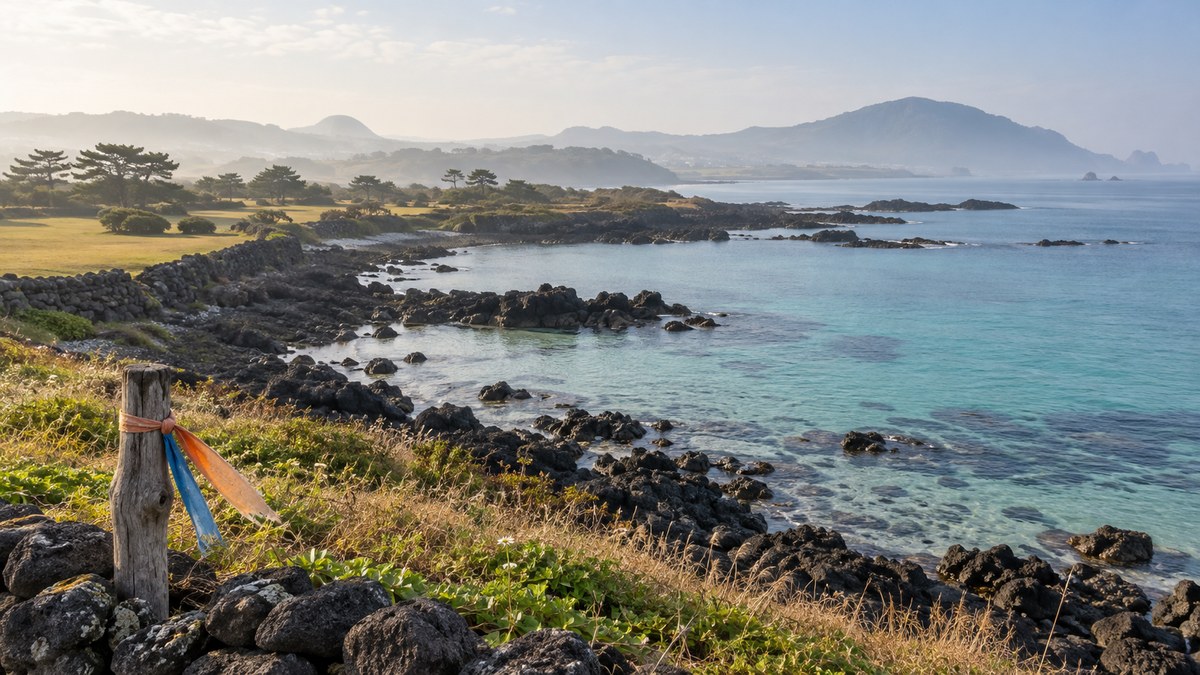 Illustration of a turquoise basalt shoreline and an Olle ribbon post on Jeju's northeast coast along Jeju Olle Trail Route 20, AI-generated and not the actual site