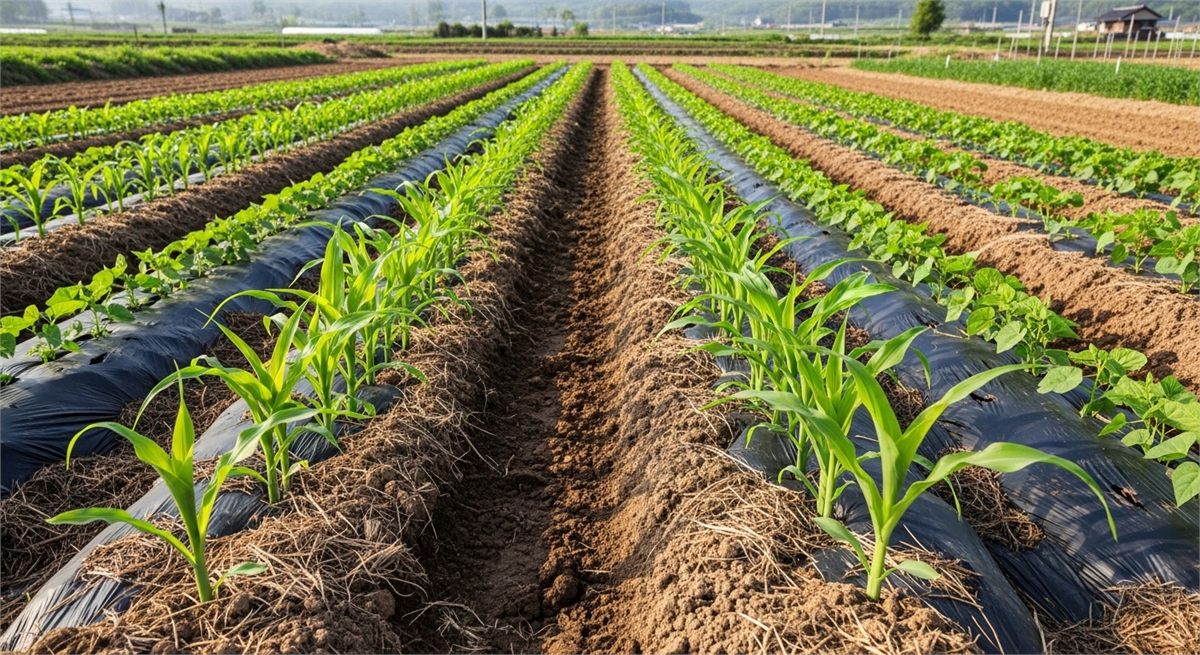 봄 텃밭에서 자라기 시작한 옥수수와 강낭콩 밭 전경
