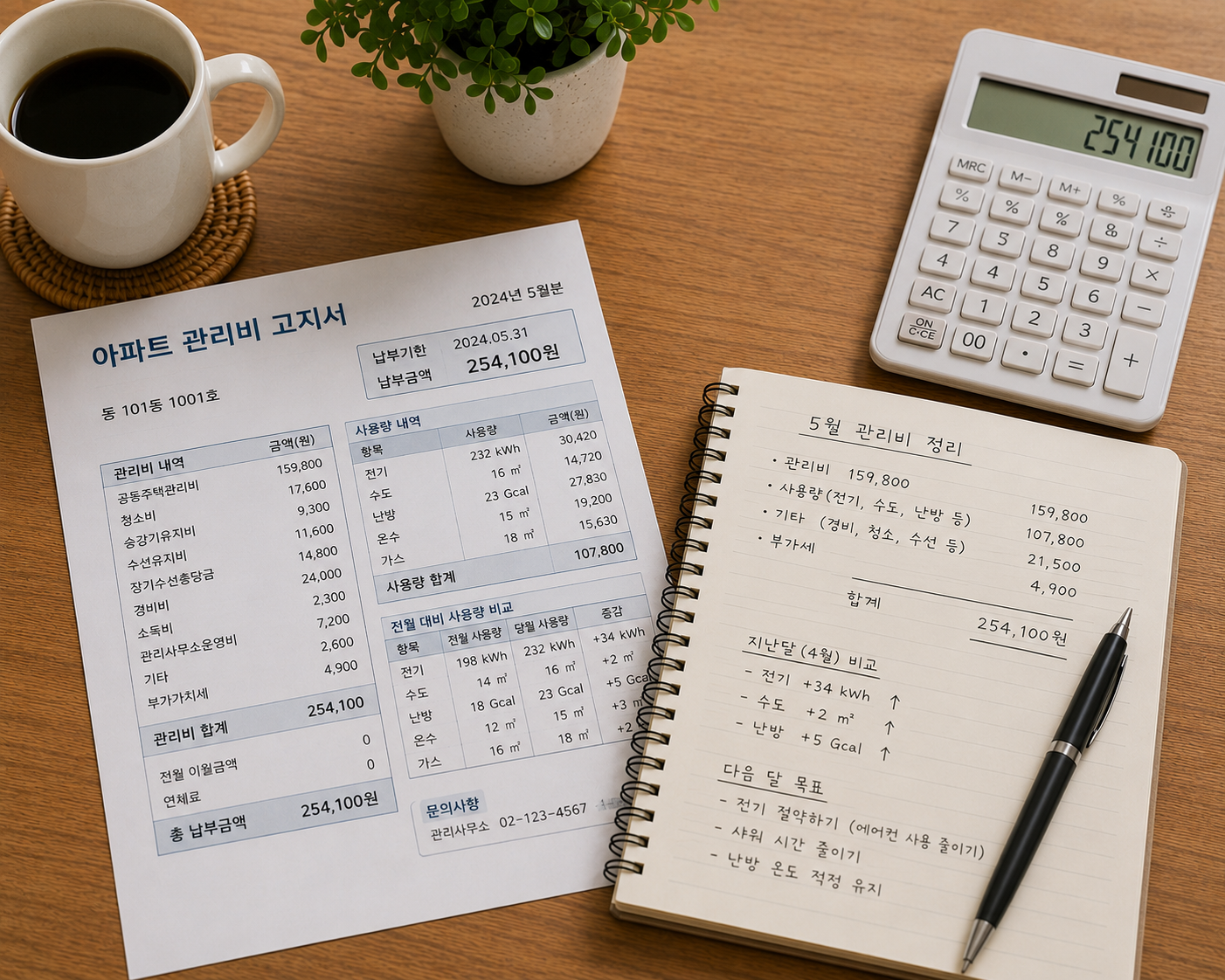 관리비 고지서를 확인하며 생활비를 점검하는 모습