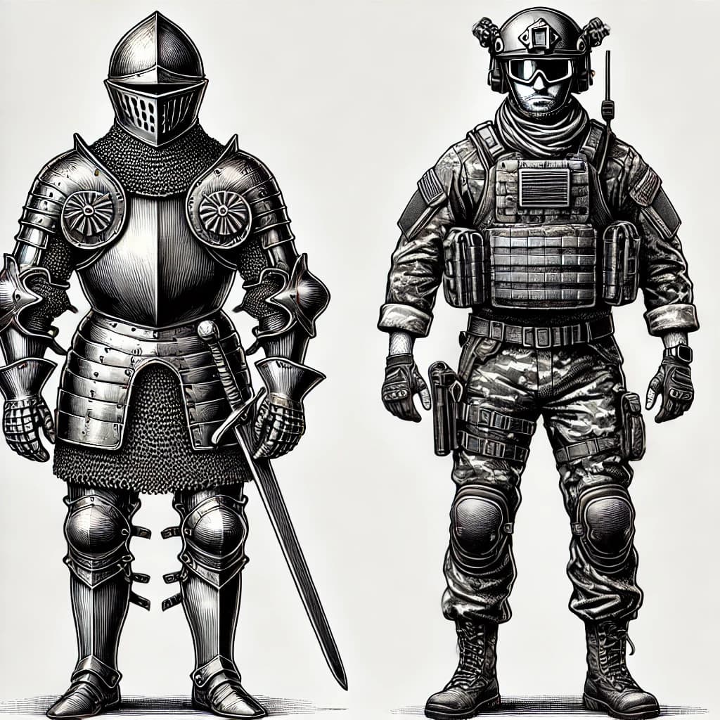 중세 기사들의 갑옷과 현대 방탄복 이미지