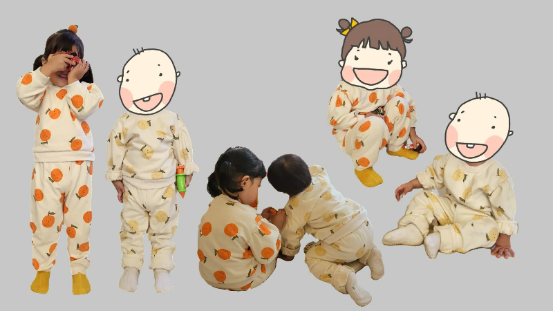 18개월, 32개월 아기가 과일 상하복을 입고 있다.