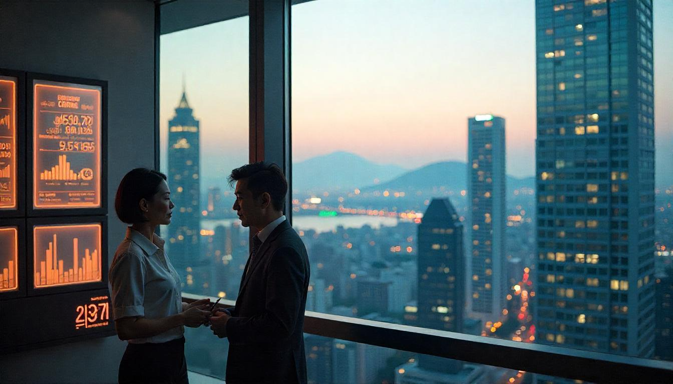 강남의 고층 아파트, 부동산 사무실의 상승하는 가격표