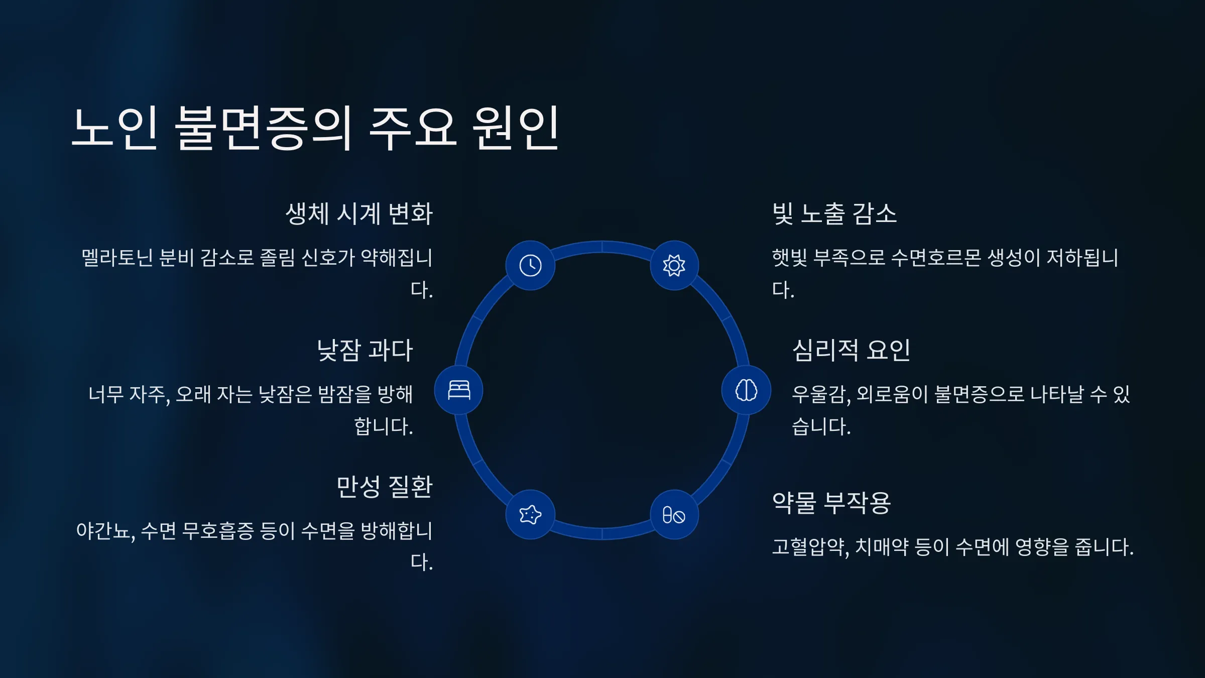 노인 불면증의 주요 원인 6가지를 나타내는 표