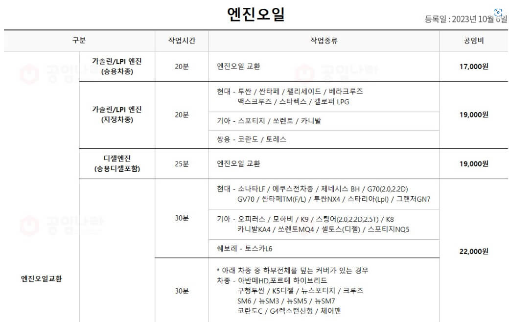 국산차-엔진오일-공임비