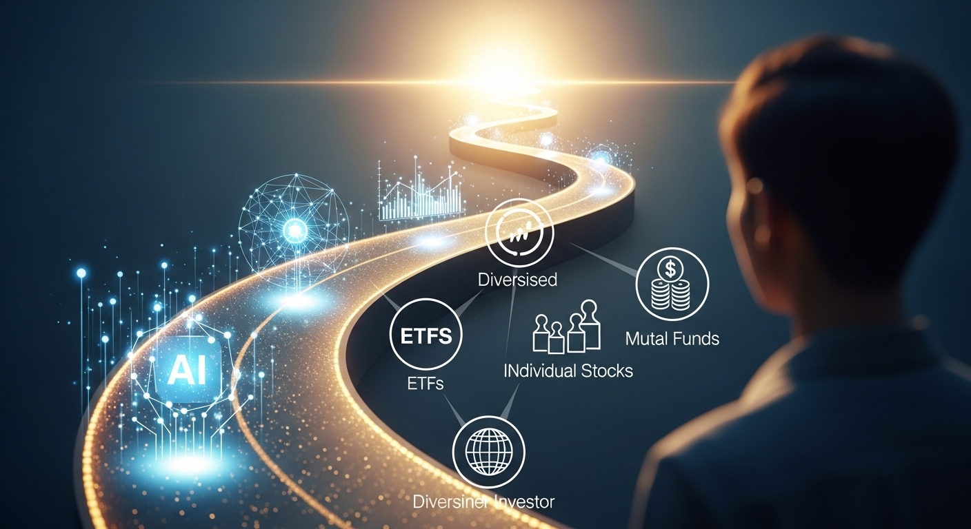 초보자를 위한 AI 투자 기회와 장기적인 관점을 상징하는, 빛나는 미래로 향하는 투자 경로.