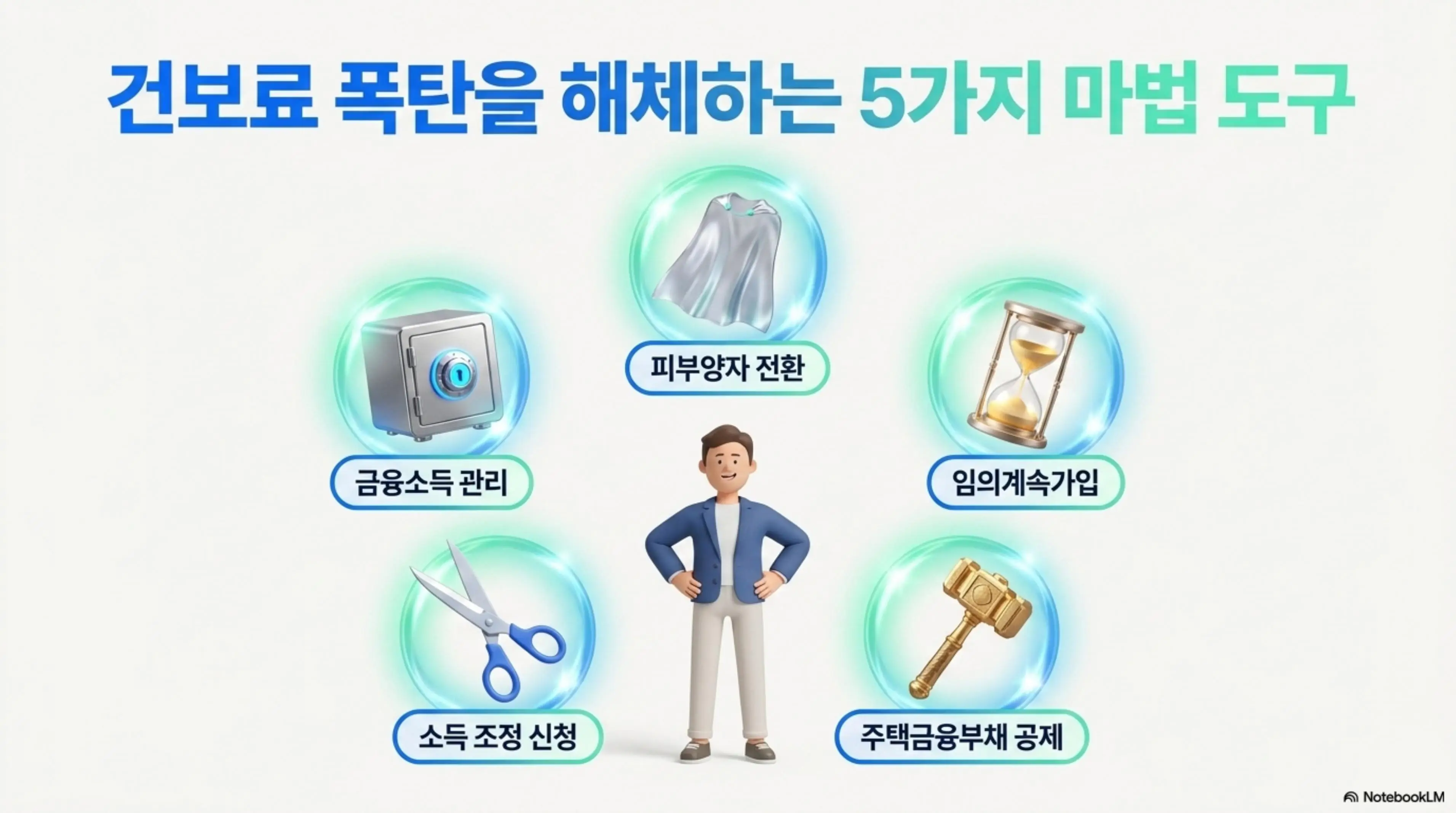 지역가입자 건강보험료를 줄이는 5가지 절감 전략을 아이콘으로 정리한 인포그래픽. 피부양자 전환과 임의계속가입과 주택금융부채 공제와 소득 조정 신청과 금융소득 관리 전략을 시각적으로 설명함