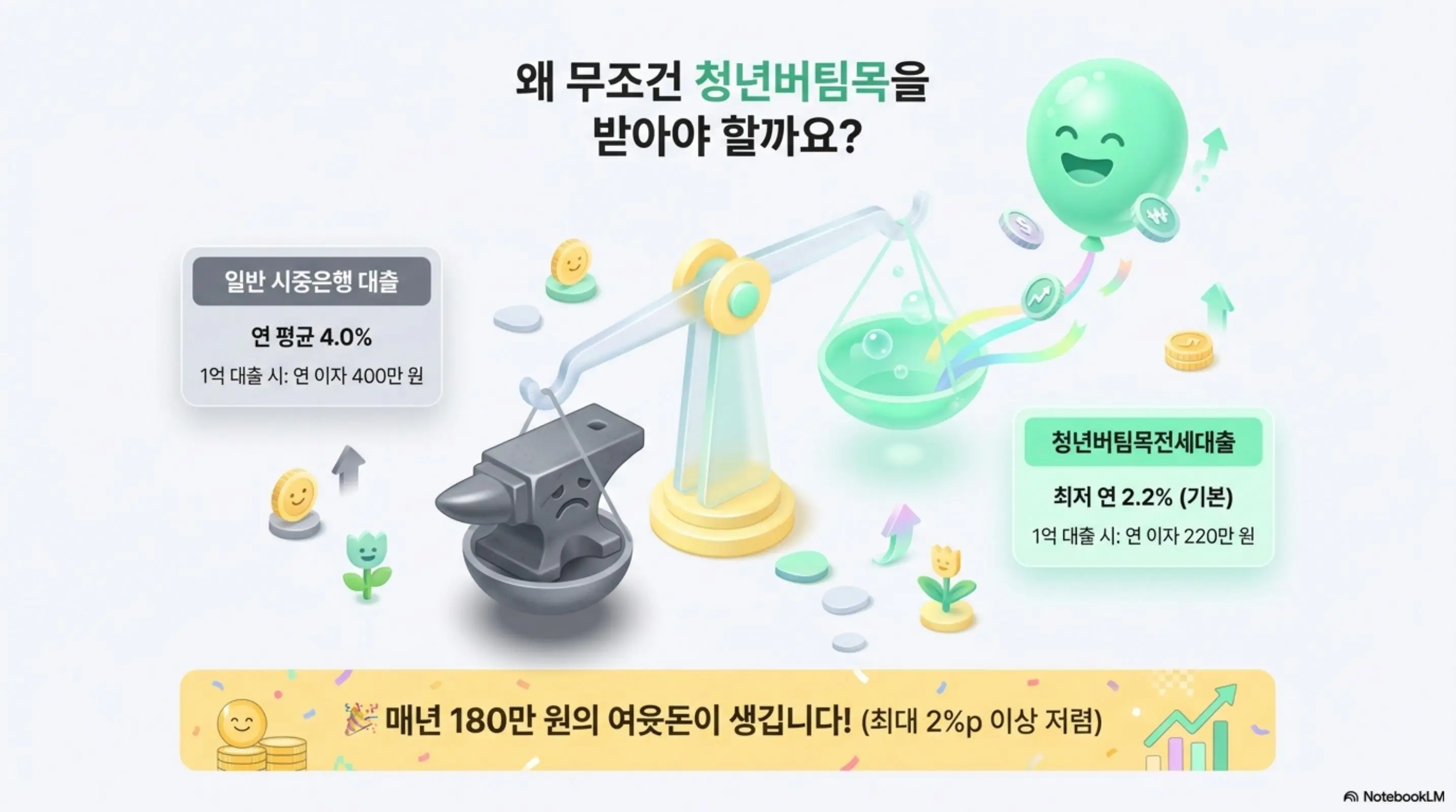 청년버팀목전세대출과 시중은행 전세대출의 금리를 비교하는 인포그래픽. 시중은행 연 평균 4.0%(1억 대출 시 연 이자 400만 원)와 청년버팀목 최저 연 2.2%(1억 대출 시 연 이자 220만 원)를 저울 그래픽으로 시각화하며 매년 180만 원의 이자 차이를 강조함