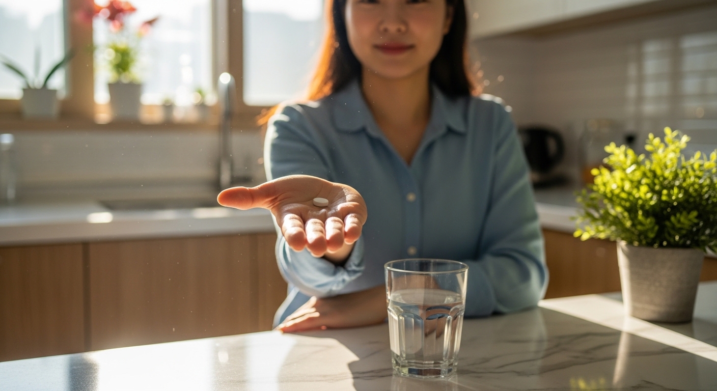 아침-햇살이-들어오는-한국-아파트-주방에서-공복-상태로-물-한-컵과-함께-작은-흰색-알약을-손에-들고-있는-한국인-여성