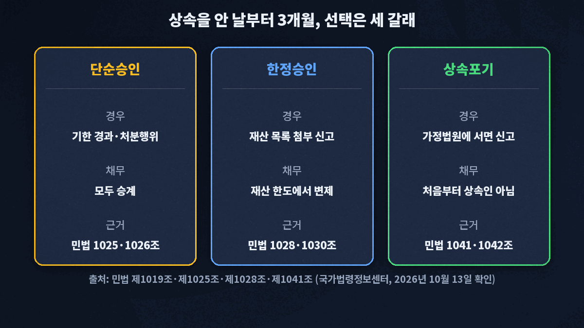 상속개시를 안 날부터 3개월 안에 단순승인(기한 경과·처분행위), 한정승인(재산 목록 첨부 신고, 재산 한도에서 변제), 상속포기(가정법원에 서면 신고, 처음부터 상속인 아님) 세 갈래를 근거 민법 조문과 함께 비교한 카드