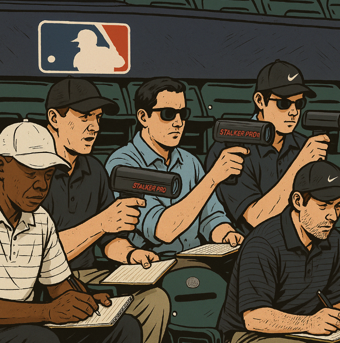 야구 경기장에서 선수 분석 업무를 하고있는 스카우터 관련 이미지