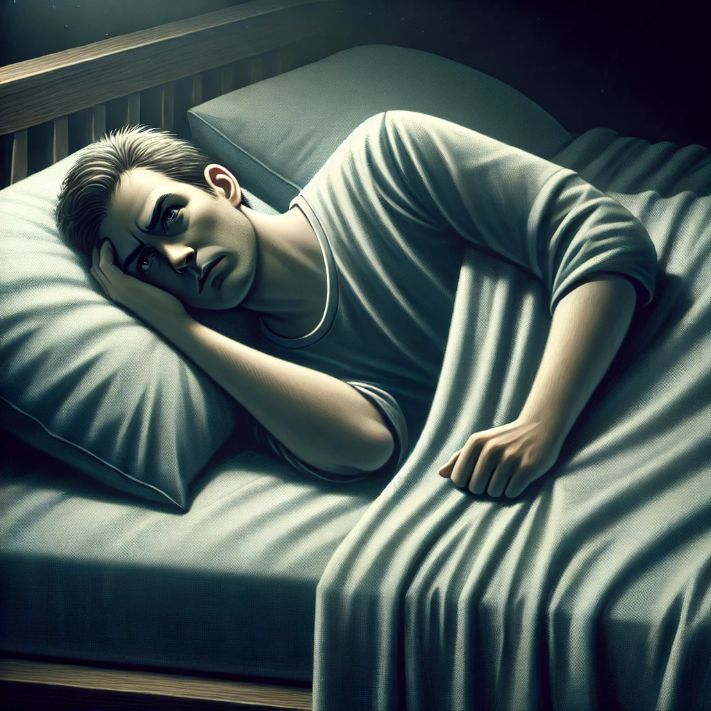 침대 위에서 불면증으로 뒤척이며 지쳐 보이는 인물의 모습이 섬세하게 표현된 이미지