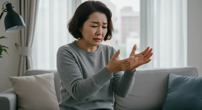손 저림 증상으로 고민하는 중년 여성, 말초혈관 문제나 혈액순환 장애를 시사