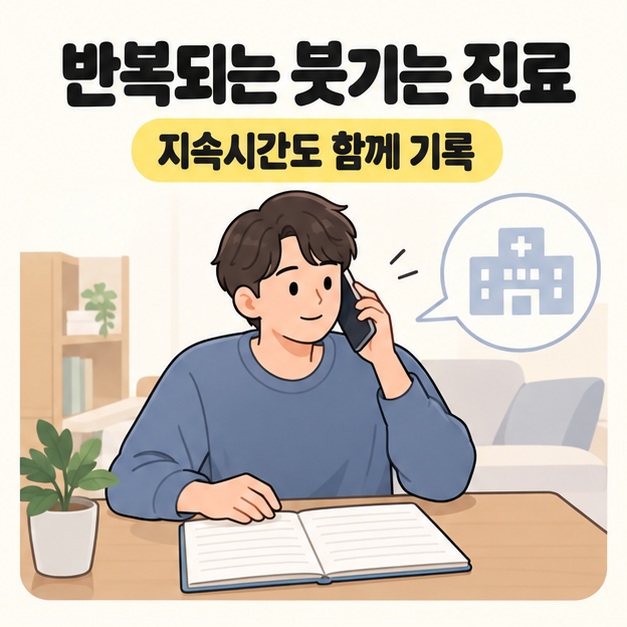 반복되는 붓기는 진료 문구 아래 성인이 증상 기록 노트를 앞에 두고 의료기관에 전화하는 모습