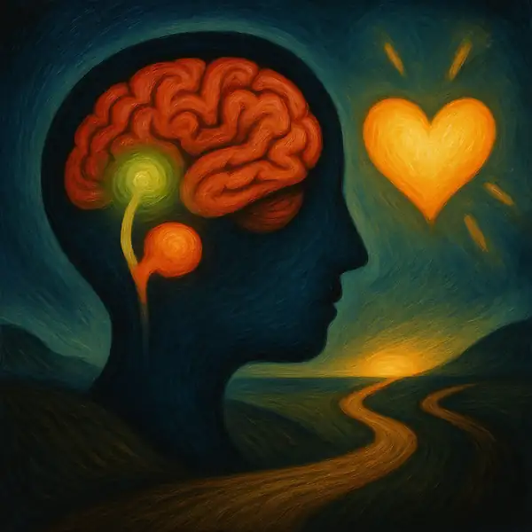용서와 긍정적 감정을 상징하는 추상적 일러스트, 편도체와 전전두엽 피질이 강조된 뇌와 사랑의 상징인 빛나는 하트가 평화로운 풍경 속에 함께 표현됨