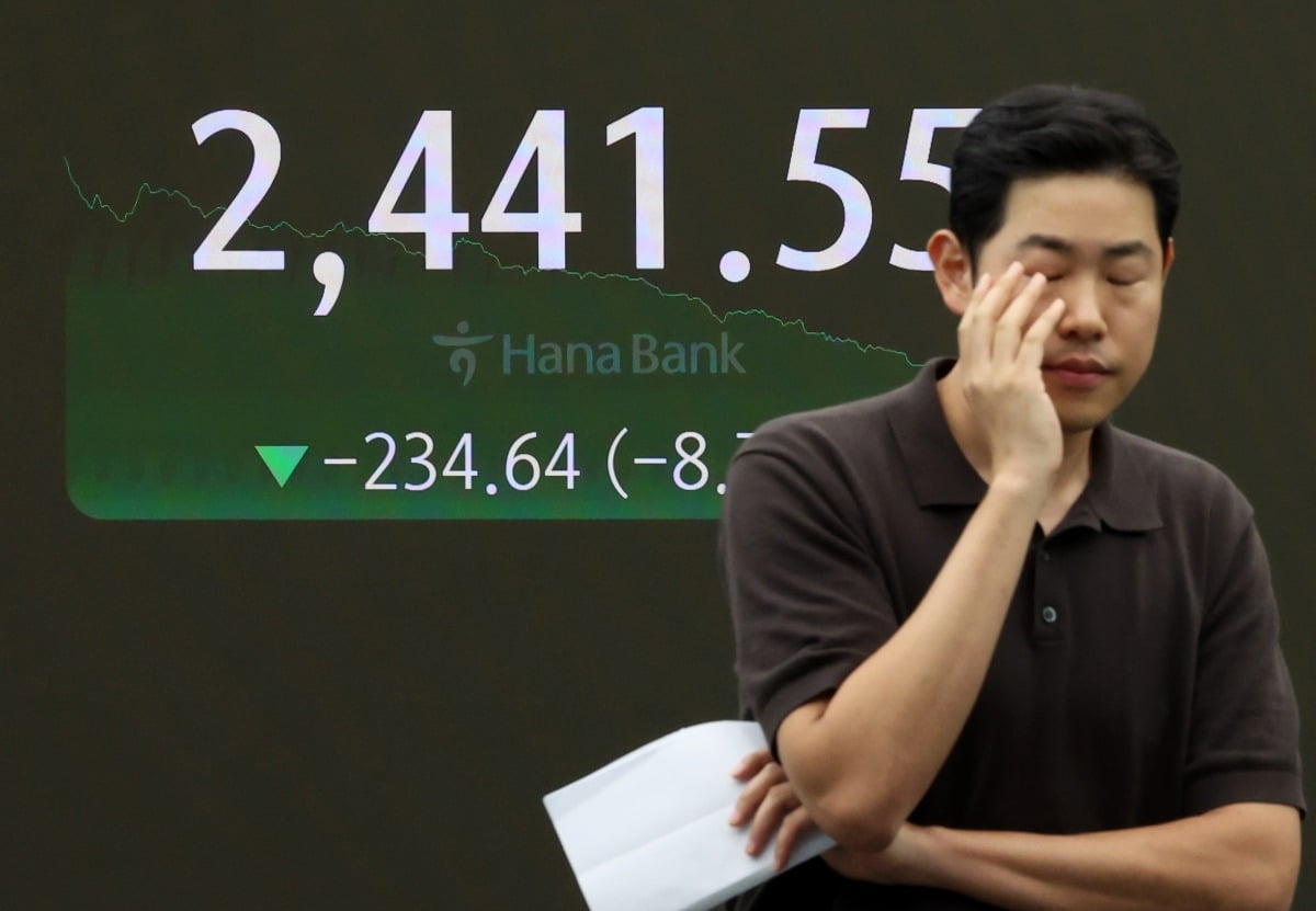 코스닥 시장과 코스닥 시장이 폭락하면서 동반 서킷브레이커(CB) 1단계가 발동했던 지난 8월 5일 오후 서울 중구 하나은행 본점 딜링룸 전광판에 종가가 표시되고 있다.