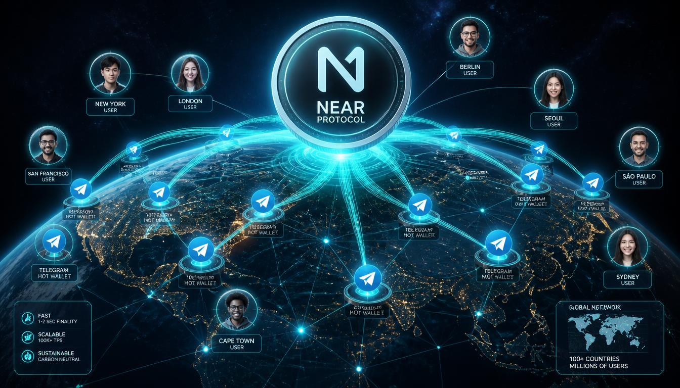 A glowing 3D digital earth connected by node lines with a large NEAR Protocol coin floating above it representing global user adoption.