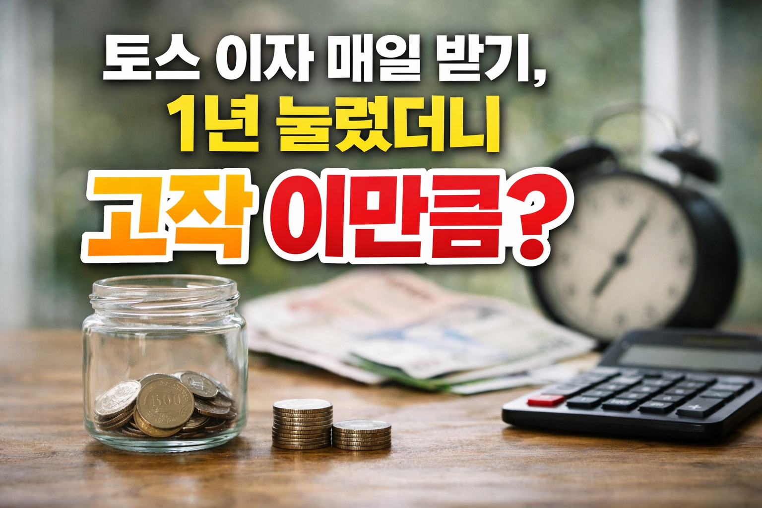 저금통과 동전, 계산기 옆에 &lsquo;토스 이자 매일 받기, 1년 눌렀더니 고작 이만큼?&rsquo; 문구가 들어간 썸네일 이미지