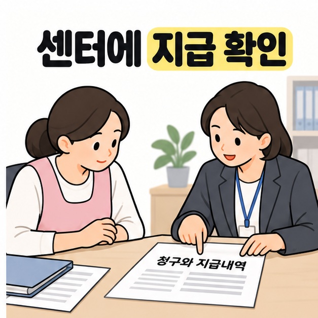 센터에 지급 확인 제목 아래 요양보호사와 담당자가 청구와 지급내역 서류를 함께 살펴보는 장면