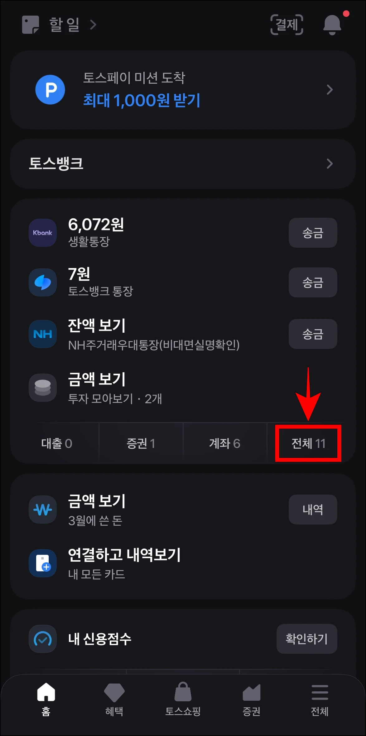토스 앱의 자산 메뉴에서 '전체'를 선택