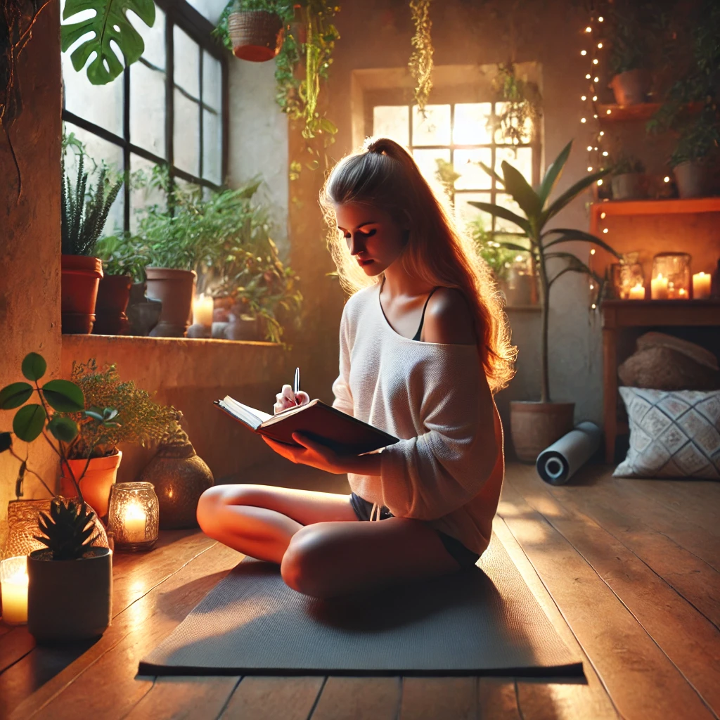 편안한 방에서 요가 매트 위에 앉아 저널을 작성하며 자기 성찰을 하는 젊은 여성의 모습. 따뜻한 조명과 화분&amp;#44; 자연광이 들어오는 큰 창문이 있는 평화로운 분위기.