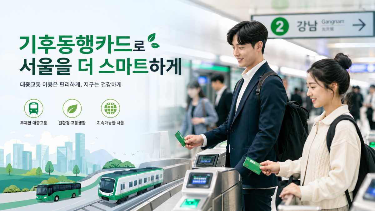 기후동행카드를 이용하는 시민들의 모습과 월 3만원 페이백 이벤트 안내