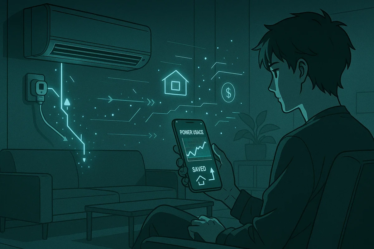 스마트폰으로 에어컨 전력 사용량을 실시간 확인하는 모습, 스마트 플러그가 연결된 에어컨과 절약된 전기요금 그래프가 화면에 표시된 장면