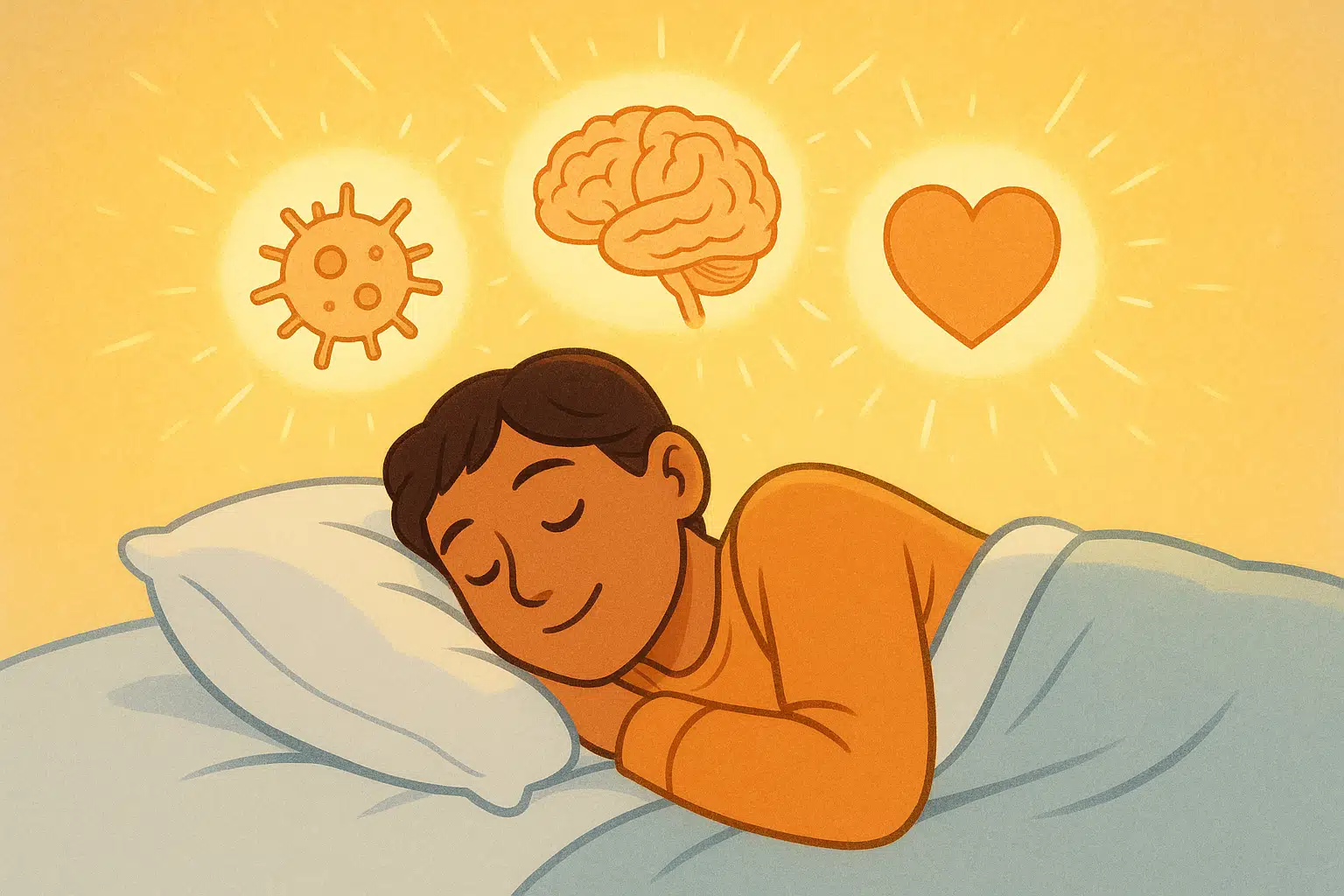 평화롭게 잠든 사람 위에 뇌, 심장, 면역 세포 아이콘이 빛나는 모습
