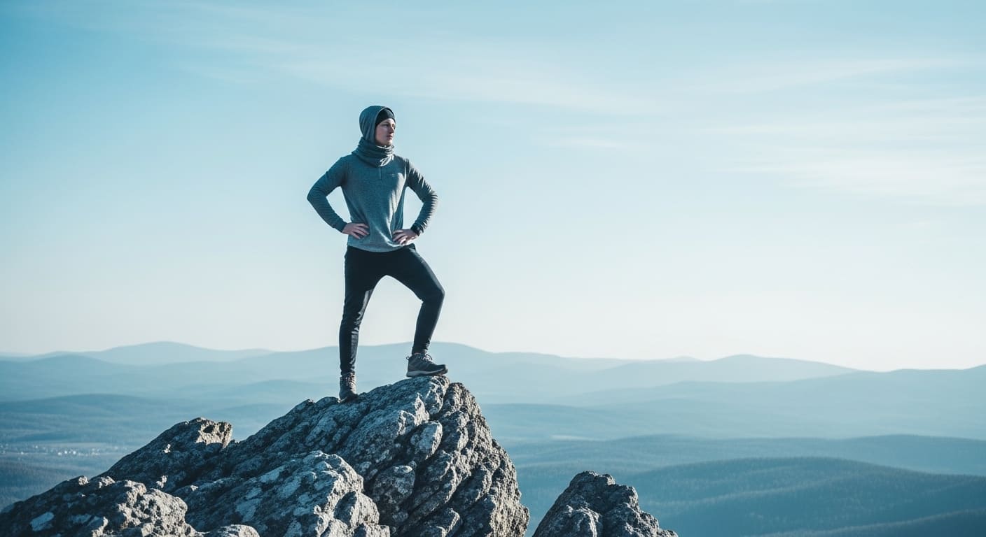 험난한 바위산 정상에 서서 평화로운 풍경을 바라보는 사람의 모습. 스트레스 상황에서도 흔들림 없는 단단한 멘탈과 회복탄력성을 상징합니다.