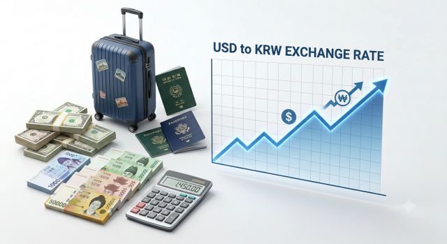 원달러 환율 급등 시 미국 여행을 위한 분할 환전 방법과 환전 시기를 설명하는 이미지
