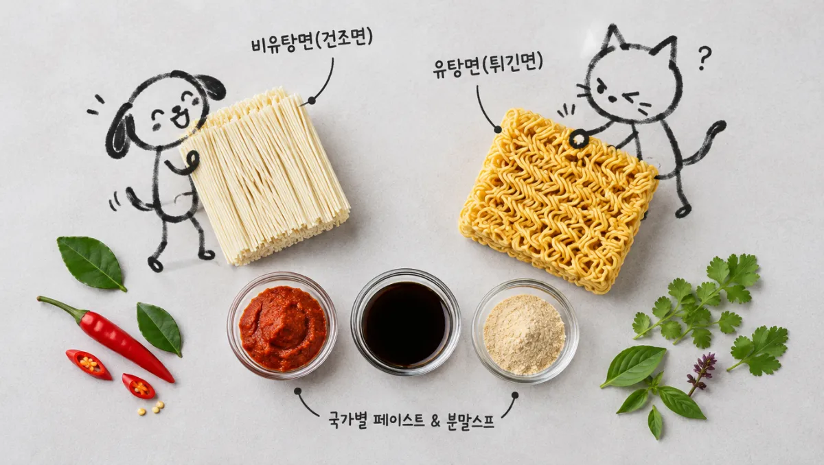 세계 라면의 비유탕면과 유탕면 건면 형태 및 국가별 다양한 액상 페이스트와 분말스프 구성