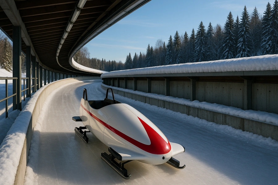 A white and red bobsleigh resting on a bobsleigh track on a sunny winter day.