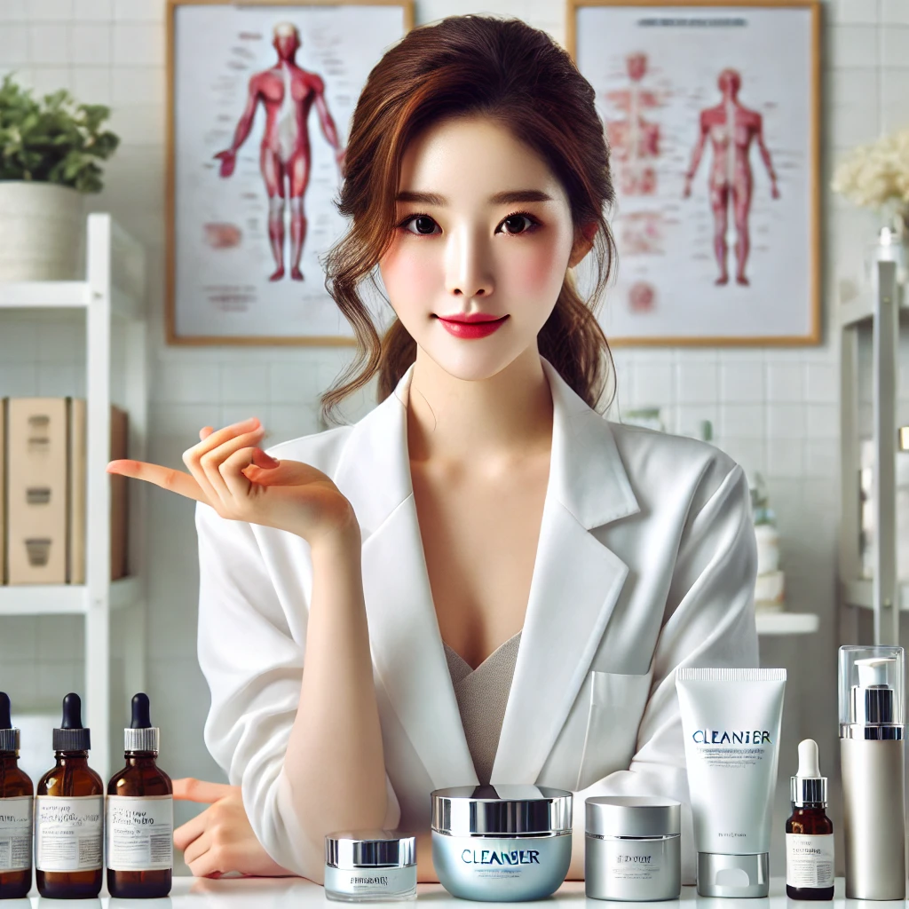 젊은 여성, 스킨케어 과학자, 실험실 환경, 깔끔하게 배열된 스킨케어 제품, 화이트 랩 코트, 배경의 의료 포스터, 부드러운 조명, 전문가, 미소, 깨끗하고 현대적인 환경