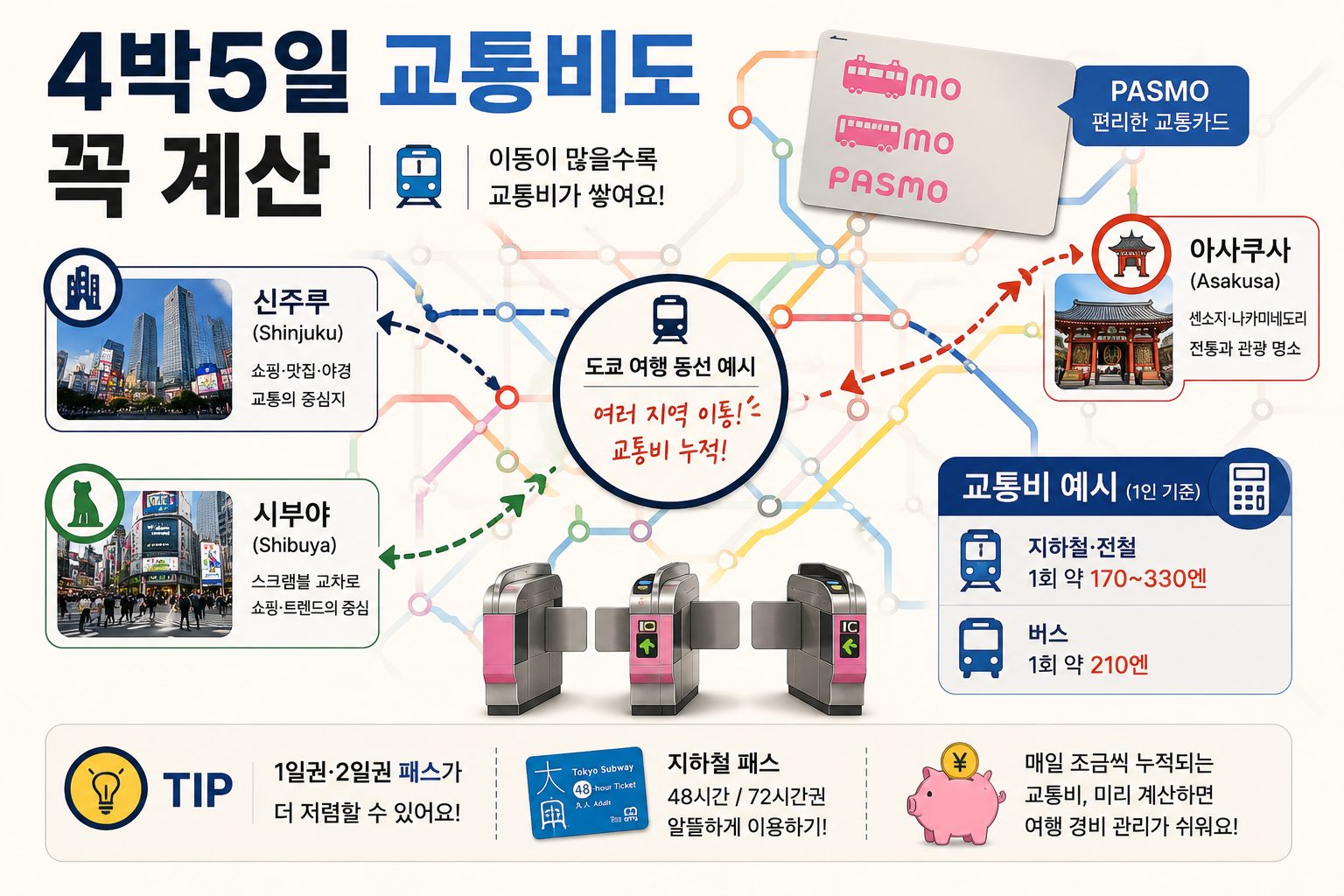 도쿄 4박5일 지하철 교통비와 PASMO 사용을 보여주는 이미지
