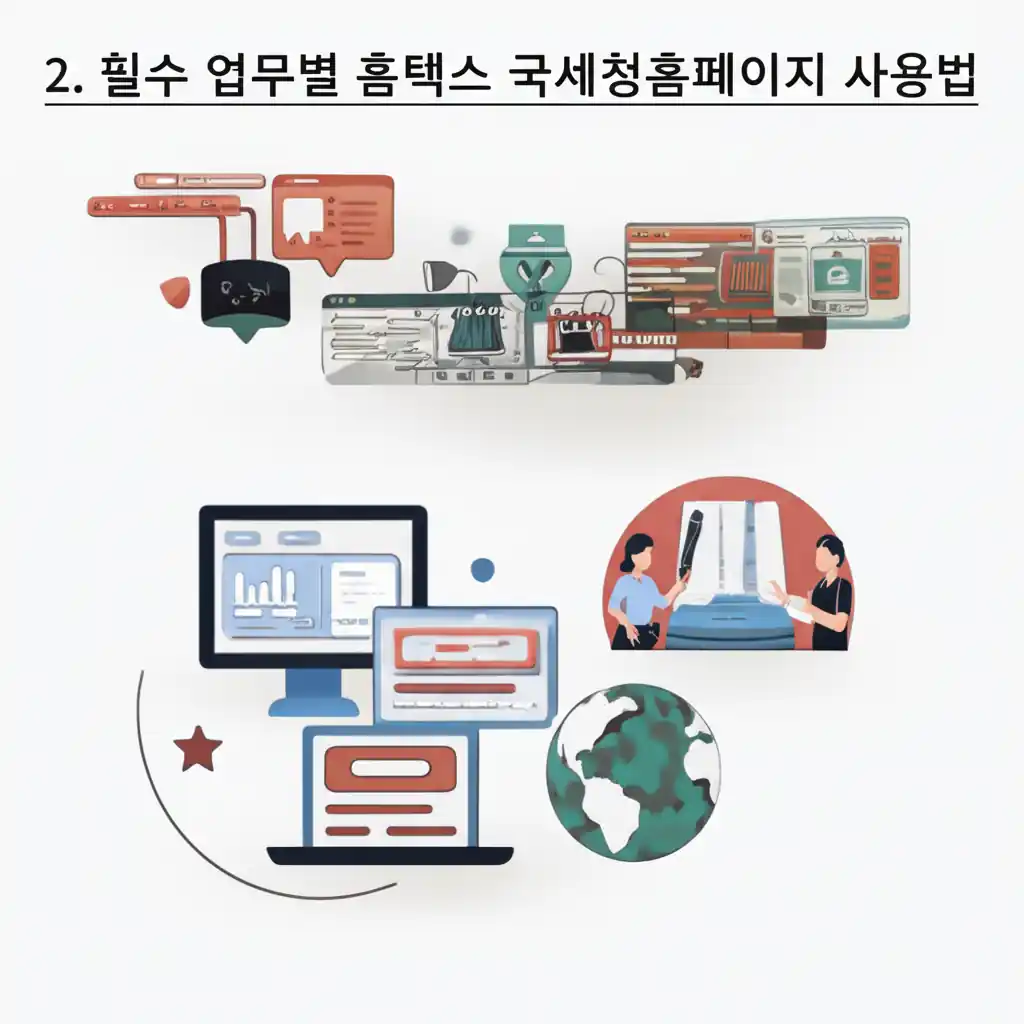 국세청 홈택스 웹사이트에서 세금 신고 등 필수 업무별 사용법을 보여주는 화면.